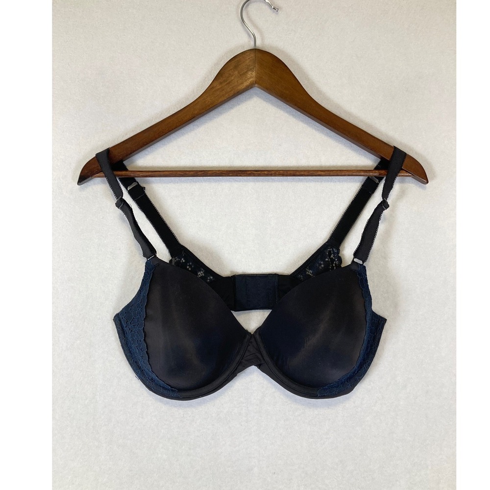 Classic Romantic Maidenform Womes 36D Blk Navy Blue Lace Trim T-Shirt Bra DM7543